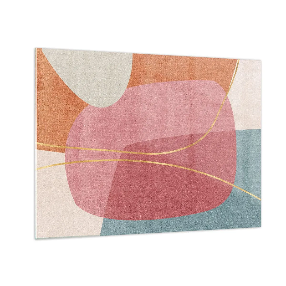 Glastavla - Bild på glas - Pastellformer med korsande guldlinjer - 70x50cm - Pastellkomposition med guldtråd - Modern väggdekoration för vardagsrum och sovrum ARTTOR