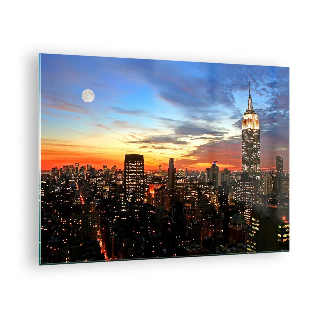 Glastavla - Bild på glas - Nattpanorama över staden med upplysta byggnader - 70x50cm - Amerikansk ljus natt - Modern väggdekoration för vardagsrum och sovrum ARTTOR