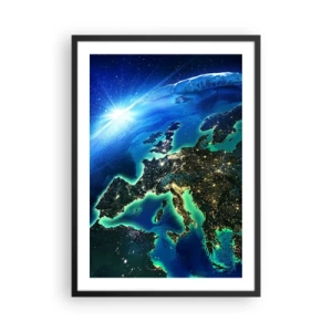 Affisch i svart ram - En vy över Europa från rymden, upplyst av nattljus. - 50x70cm - Glödande Europa - Modern väggdekoration för vardagsrum och sovrum ARTTOR