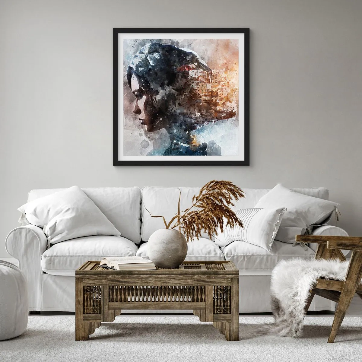 Affisch i svart ram - Berättelse om en tjej med en stad i bakgrunden - 30x30 cm
