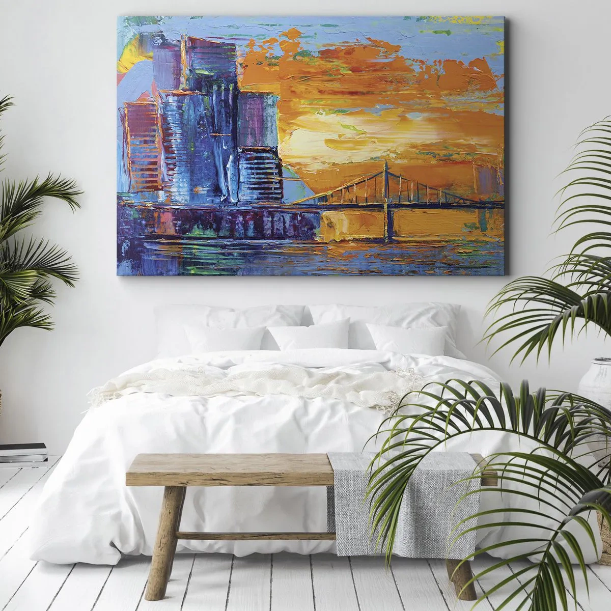 Canvastavla - Bild på duk - En färgglad stad med en bro i solnedgången - 70x50cm - Kultur och natur - Modern väggdekoration för vardagsrum och sovrum ARTTOR
