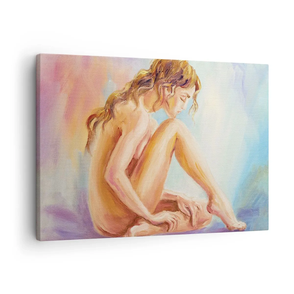 Canvastavla - Bild på duk - En delikat kvinnafigur mot pastellbakgrund - 70x50cm - Kärlekens akt - Modern väggdekoration för vardagsrum och sovrum ARTTOR