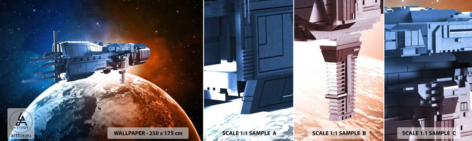 Provbit av självhäftande fototapet Deluxe Sticker - Uppmärksam åskådare - Kosmos, Rymdskepp, Shuttle - 100x30 cm