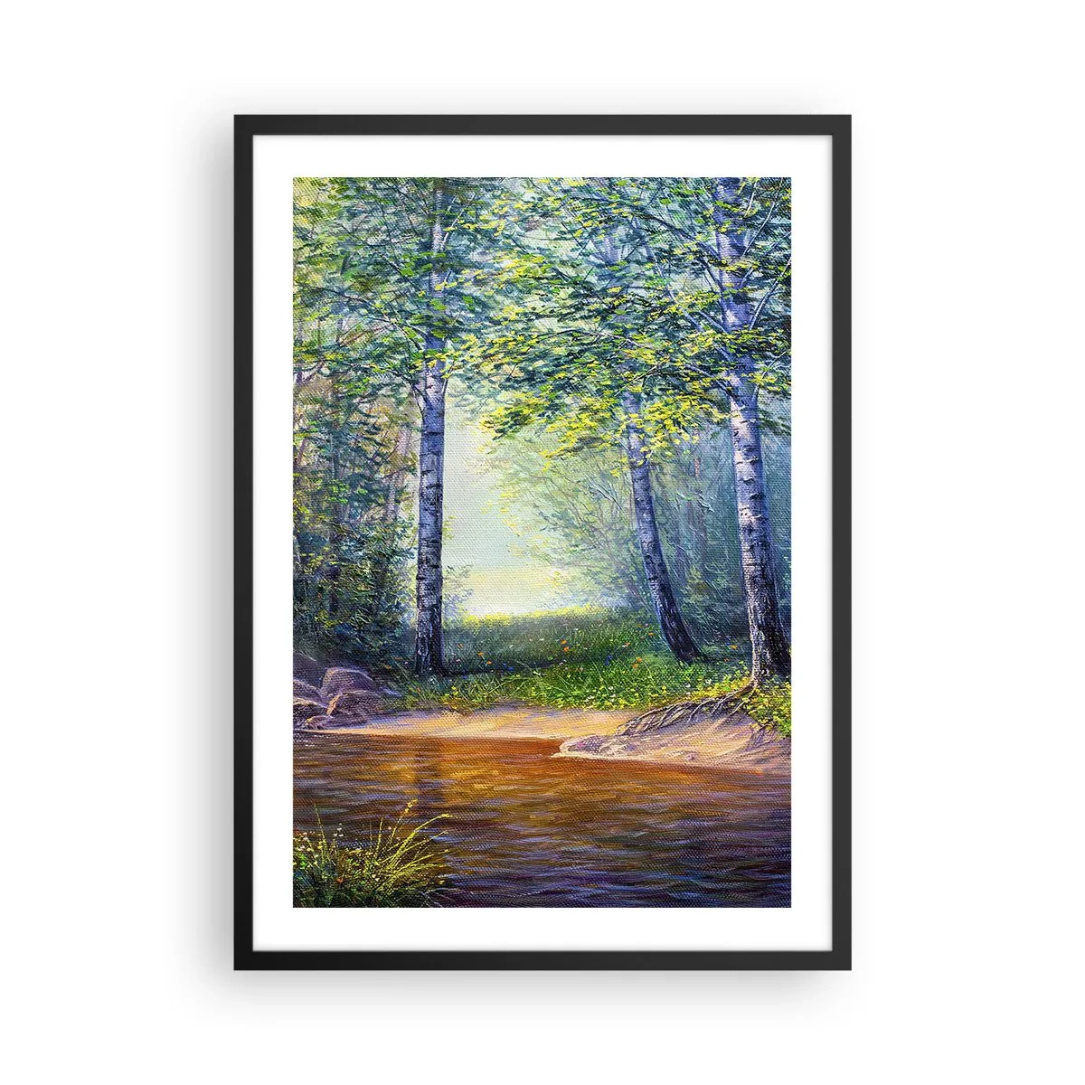 Affisch i svart ram - En skogsglänta med björkar och en bäck i solens strålar - 50x70cm - Idyllisk vy - Modern väggdekoration för vardagsrum och sovrum ARTTOR