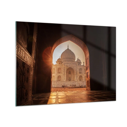 Glastavla - Bild på glas - Solnedgång över en monumental byggnad sedd genom en båge - 70x50cm - Ett monument över överjordisk kärlek - Modern väggdekoration för vardagsrum och sovrum ARTTOR