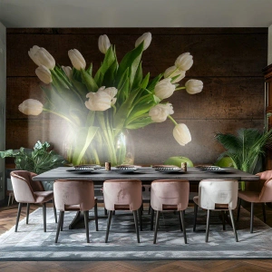 Fototapet Premium Sand - Saftiga och färska i grön och vit - Blommor, Tulpaner, Blombukett - 350x256 cm