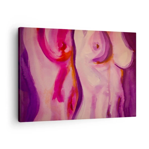 Canvastavla - Bild på duk - En abstrakt tolkning av den kvinnliga silhuetten i rosa och lila. - 70x50cm - Ode till kvinnlighet - Modern väggdekoration för vardagsrum och sovrum ARTTOR