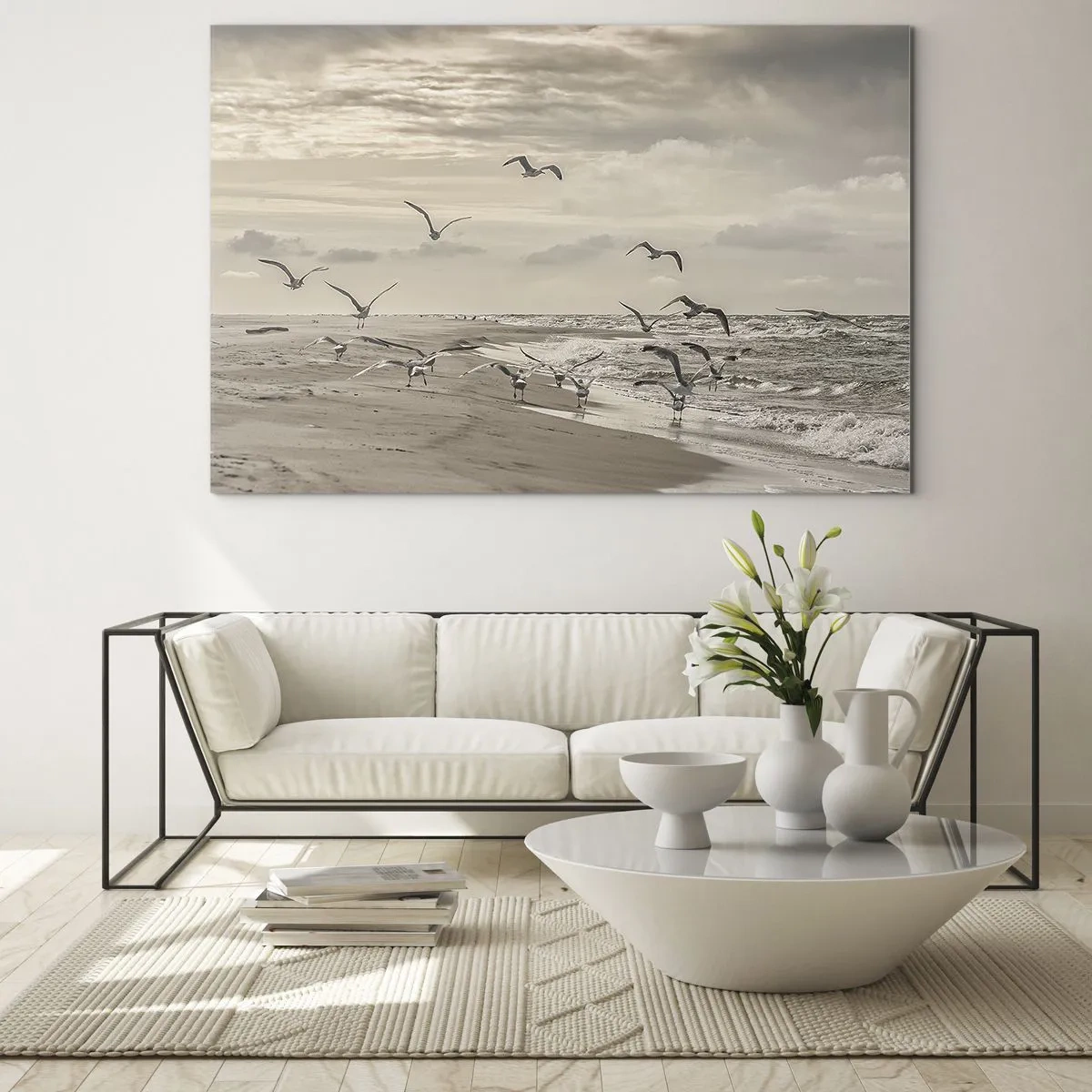 Glastavla - Bild på glas - Havets brus, fågelsång - 100x70 cm