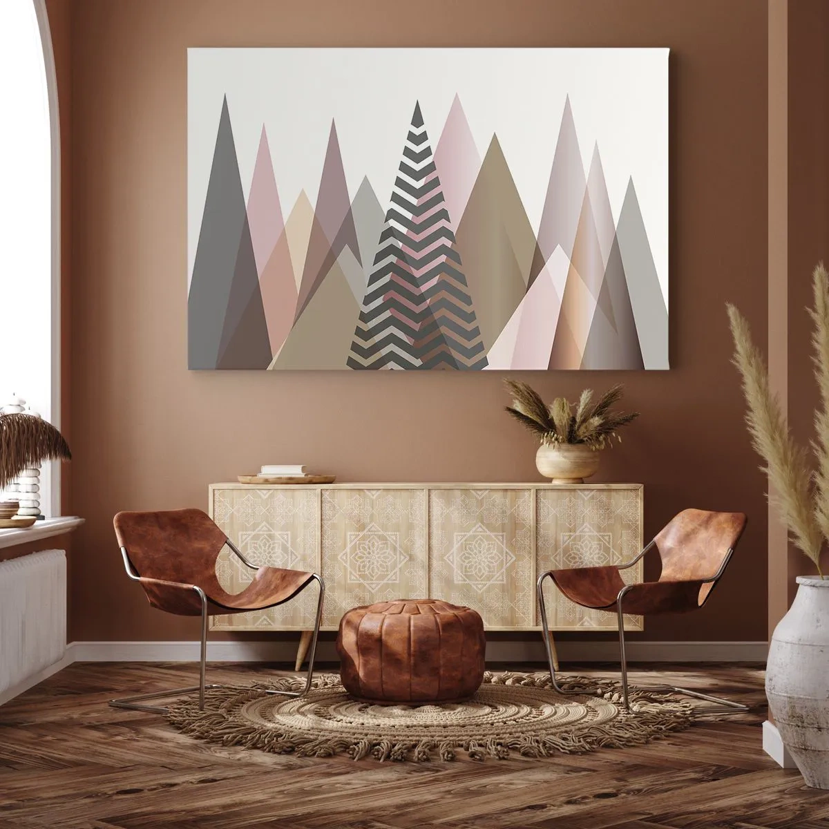 Canvastavla - Bild på duk - Färgglada geometriska berg i pastellfärger - 70x50cm - Utsikt över pyramider - Modern väggdekoration för vardagsrum och sovrum ARTTOR