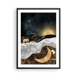 Affisch i svart ram - Gyllene landskap med månen, solen och silhuetten av en elefant - 50x70cm - Eviga lagar - Modern väggdekoration för vardagsrum och sovrum ARTTOR