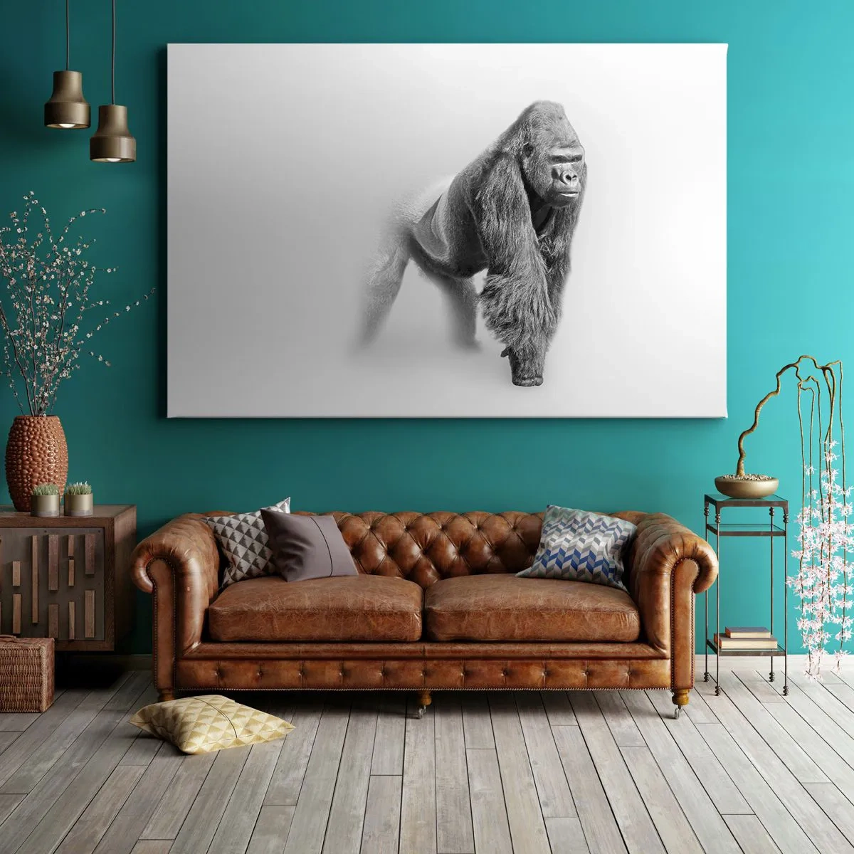 Canvastavla - Bild på duk - Gorilla i monokroma toner på en vit bakgrund - 70x50cm - Övertygad om sin styrka - Modern väggdekoration för vardagsrum och sovrum ARTTOR