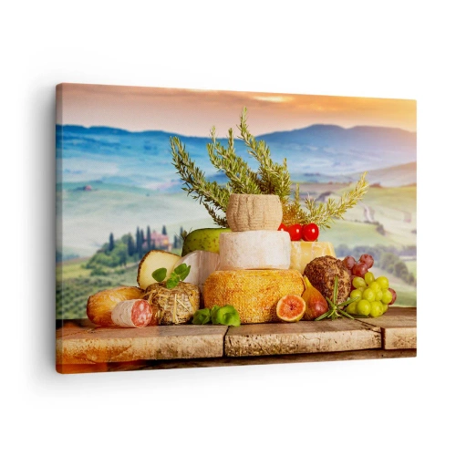 Canvastavla - Bild på duk - En komposition av ostar och frukter mot bakgrund av det toskanska landskapet - 70x50cm - Italiensk livsglädje - Modern väggdekoration för vardagsrum och sovrum ARTTOR