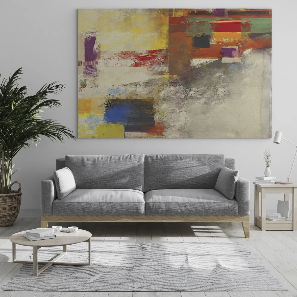 Glastavla - Bild på glas - Färgglad abstraktion med geometriska former - 70x50cm - Färgernas geometri - Modern väggdekoration för vardagsrum och sovrum ARTTOR