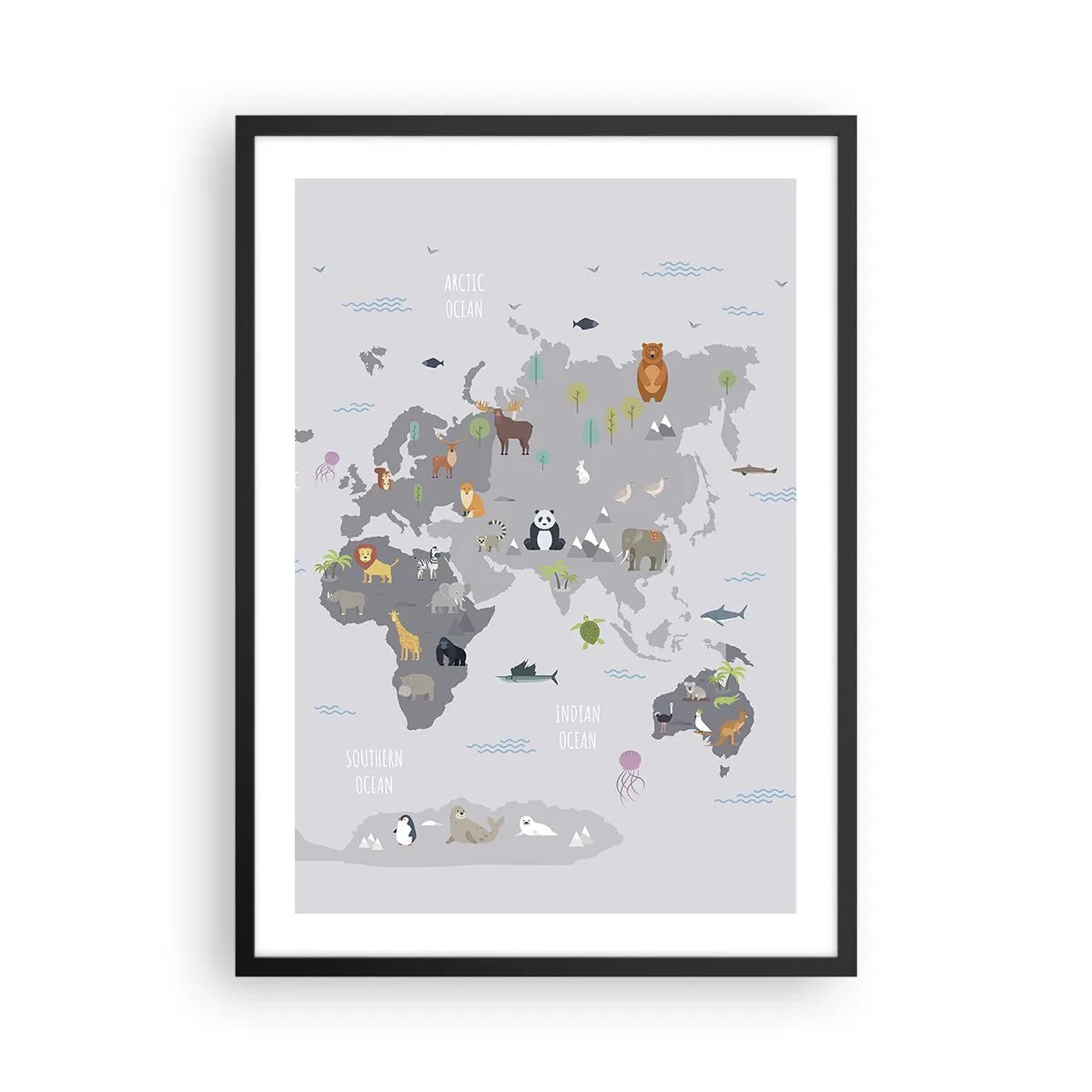 Affisch i svart ram - Världskarta med färgglada djur för barn - 50x70cm - Säg varifrån du är... - Modern väggdekoration för vardagsrum och sovrum ARTTOR