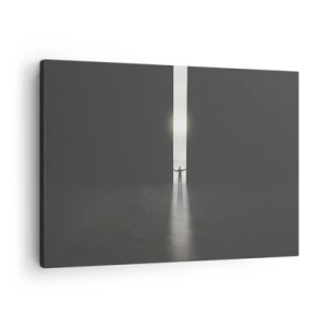Canvastavla - Bild på duk - En man som står i ljuset av en smal springa i ett mörkt utrymme - 70x50cm - Ett steg mot den ljusa framtiden - Modern väggdekoration för vardagsrum och sovrum ARTTOR