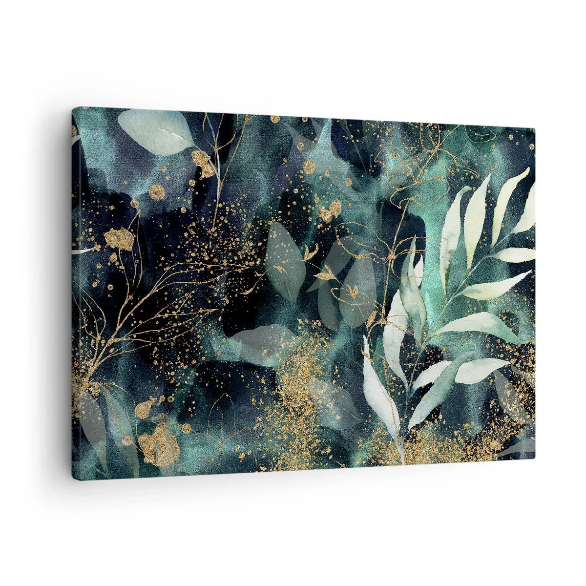 Canvastavla - Bild på duk - Eleganta löv på en mörk bakgrund med gulddetaljer - 70x50cm - Förtrollad trädgård - Modern väggdekoration för vardagsrum och sovrum ARTTOR