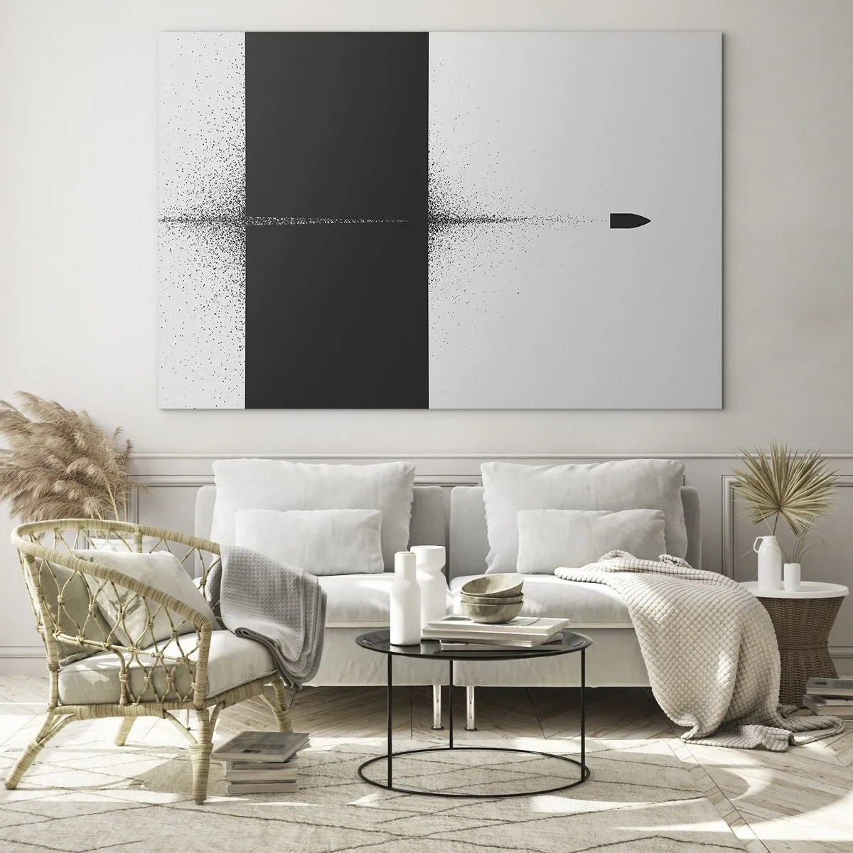 Glastavla - Bild på glas - En abstrakt komposition av svartvitt med en dynamisk linje - 70x50cm - Rakt mot målet - Modern väggdekoration för vardagsrum och sovrum ARTTOR