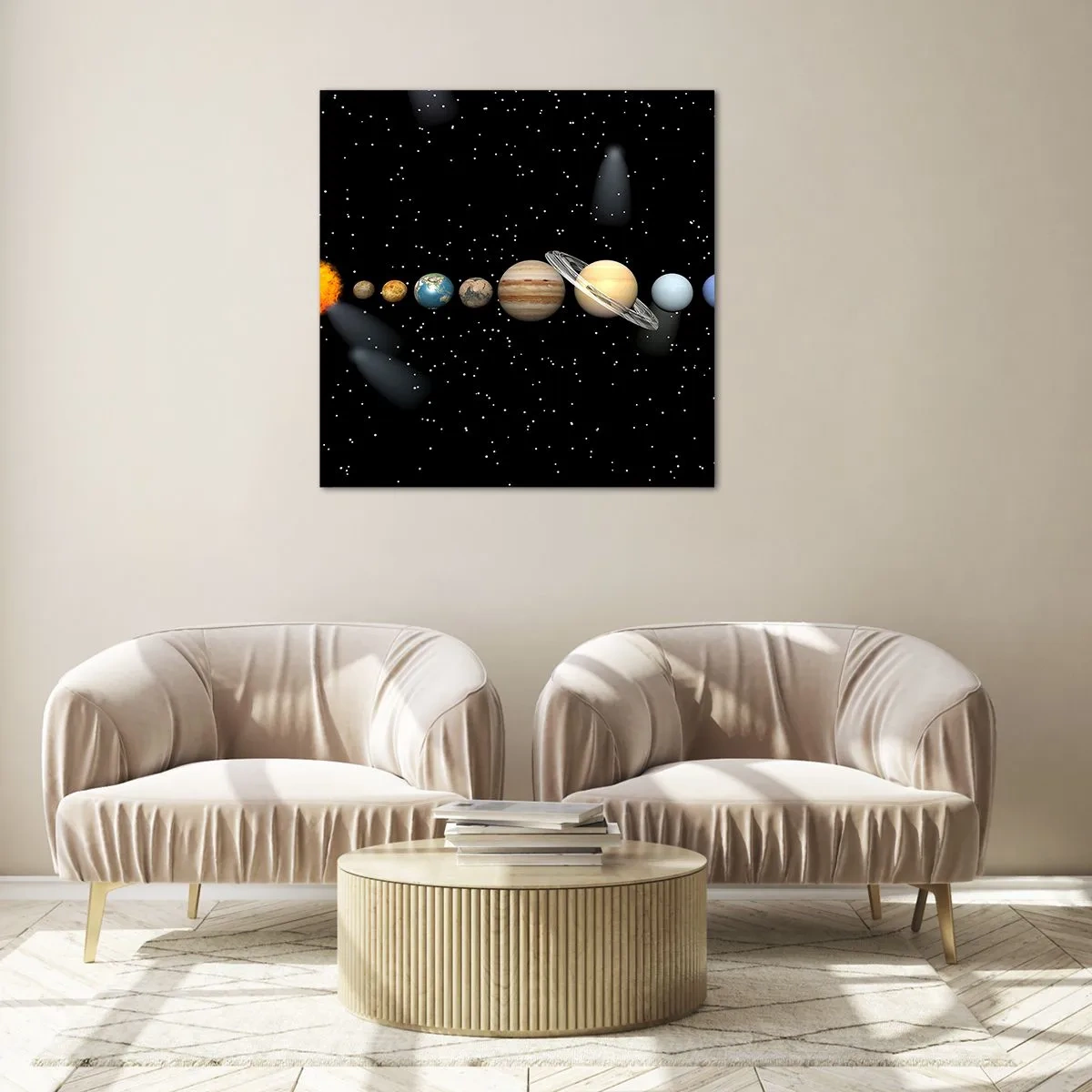 Glastavla - Bild på glas - Och planeterna blir galna... - 70x70 cm