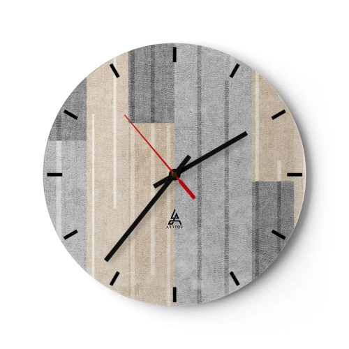 Väggklocka - Klocka på glas - Geometrisk komposition med vertikala ränder i grå nyanser - 30x30cm - Komposition: allt i lod - Modern väggdekoration för vardagsrum, kök och sovrum ARTTOR