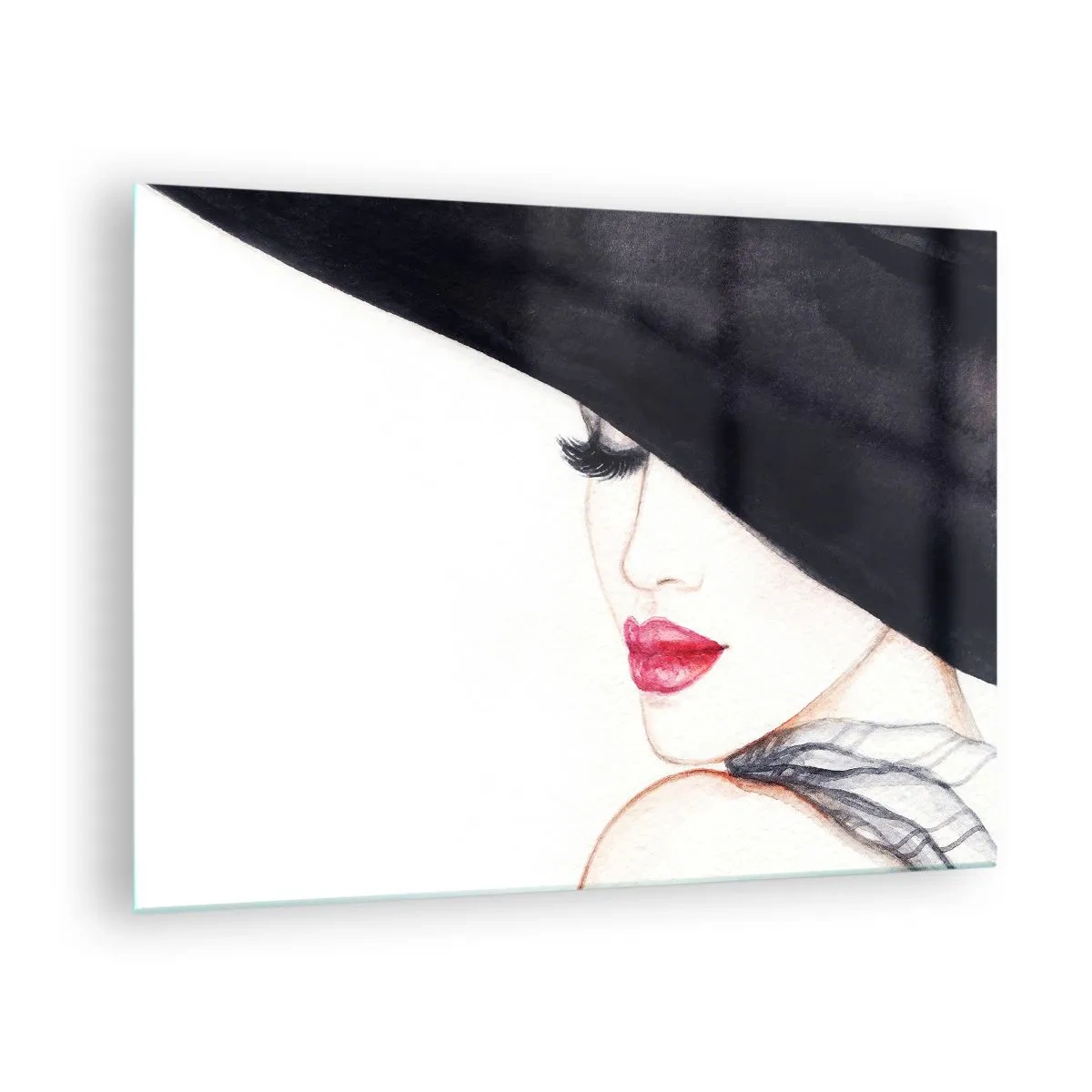 Glastavla - Bild på glas - Ett subtilt porträtt av en kvinna i hatt med röda läppar - 70x50cm - Elegans och sensualitet - Modern väggdekoration för vardagsrum och sovrum ARTTOR