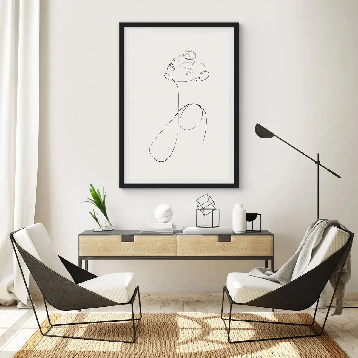 Affisch i svart ram - En minimalistisk linje som skapar en kvinnas silhuett - 50x70cm - Förvirrad i drömmarna - Modern väggdekoration för vardagsrum och sovrum ARTTOR