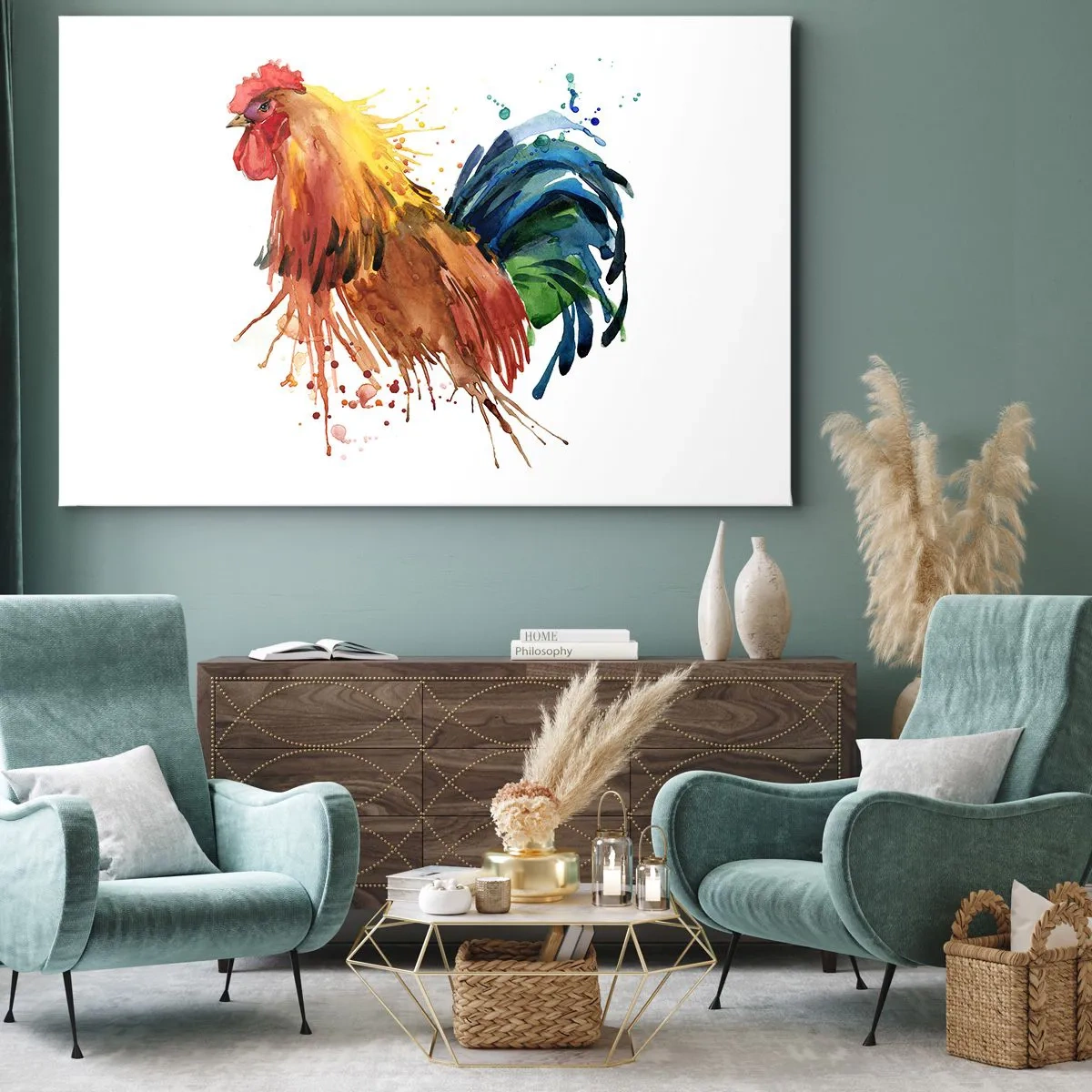 Canvastavla - Bild på duk - Färgglad tupp i akvarellstil - 70x50cm - Kungliga kläder, kunglig stolthet - Modern väggdekoration för vardagsrum och sovrum ARTTOR