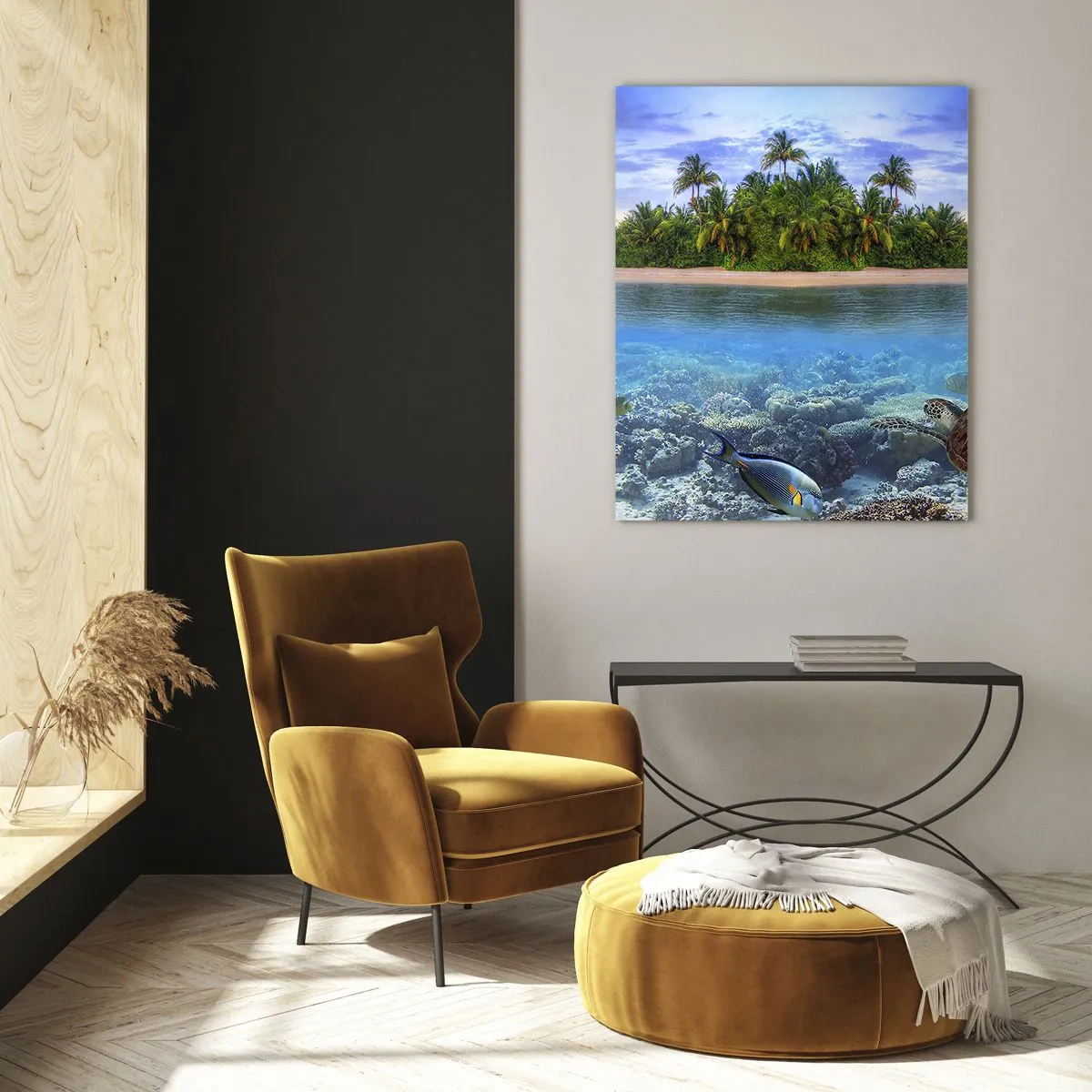 Glastavla - Bild på glas - Himmelska ön hälsar välkommen - 50x70 cm