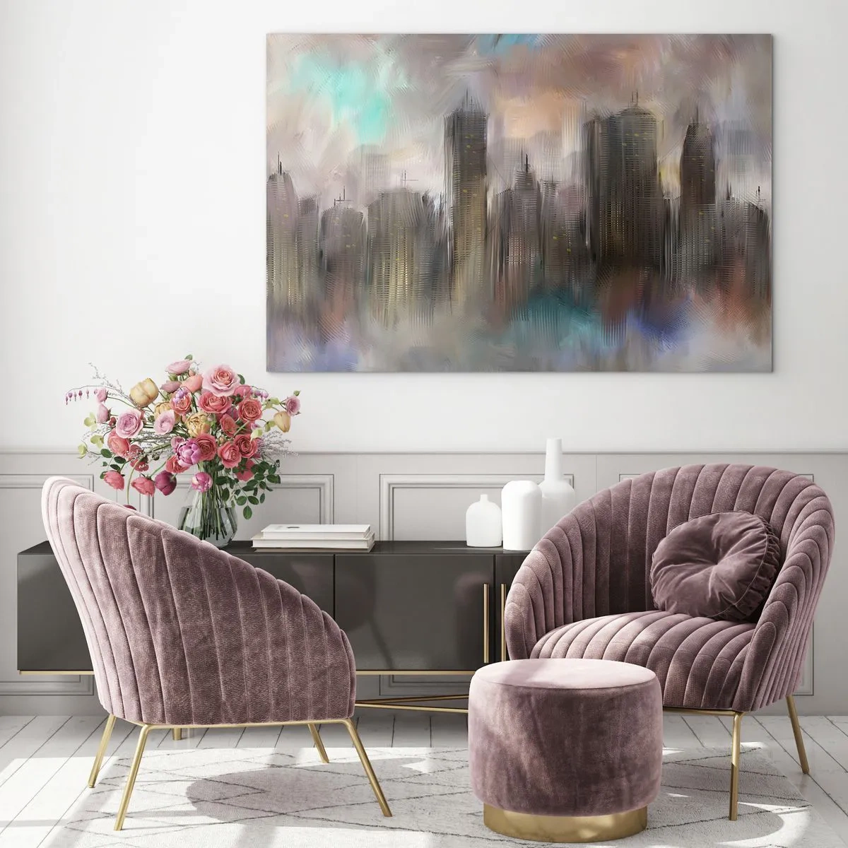 Glastavla - Bild på glas - Komposition av stål, sten och dimma - 100x70 cm