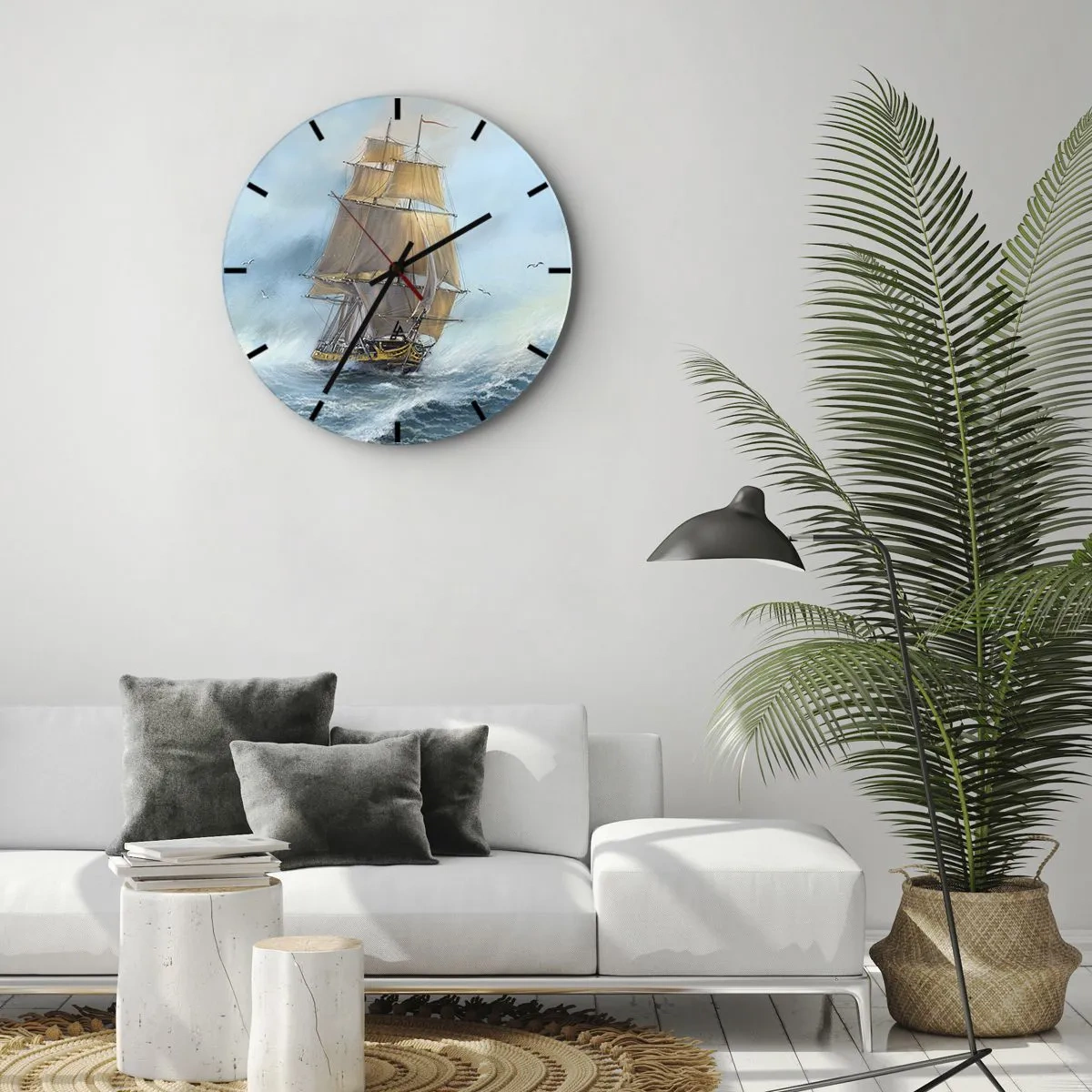 Väggklocka - Klocka på glas - Ett segelfartyg i ett stormigt hav i en dynamisk miljö - 30x30cm - Vinkande genom vågorna - Modern väggdekoration för vardagsrum, kök och sovrum ARTTOR