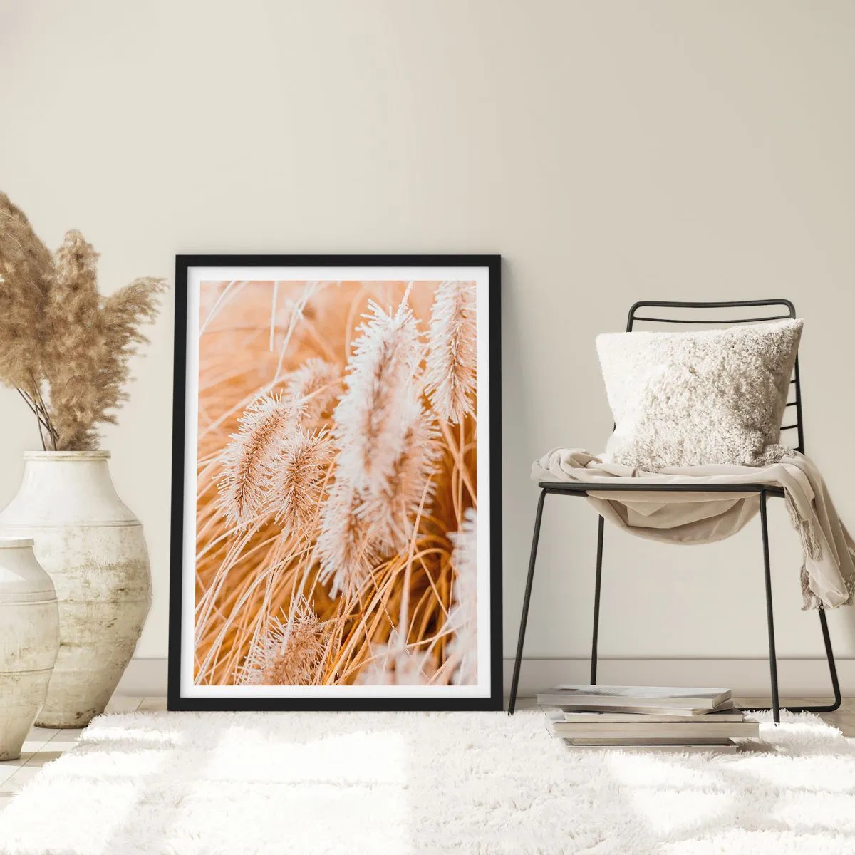 Affisch i svart ram - Fina grässpikar i pastellfärgade beige nyanser - 50x70cm - Gyllene gräsrassel - Modern väggdekoration för vardagsrum och sovrum ARTTOR