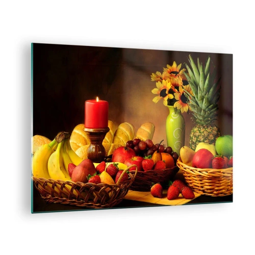 Glastavla - Bild på glas - En komposition av frukt, bröd och ett ljus i rustik stil - 70x50cm - Stilleben med bröd och frukt - Modern väggdekoration för vardagsrum och sovrum ARTTOR