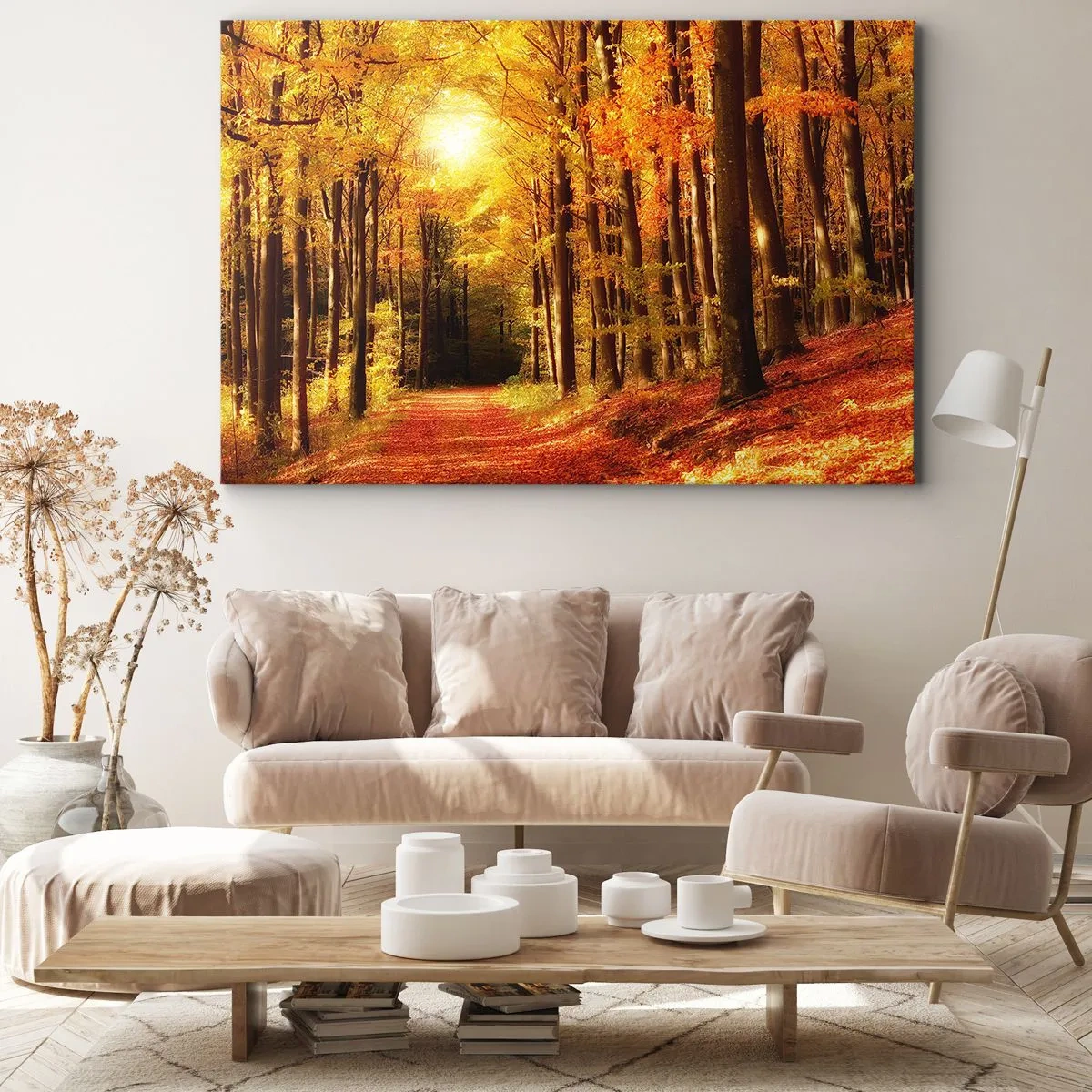 Canvastavla - Bild på duk - Höstskog med solstrålar som lyser genom träden - 70x50cm - Gyllene höst på en skogsväg - Modern väggdekoration för vardagsrum och sovrum ARTTOR