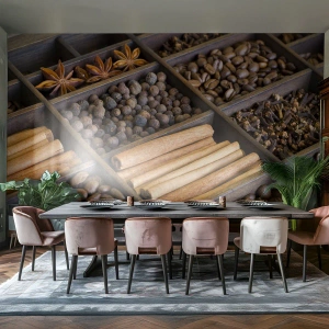 Fototapet Standard Eco - Kryddor och kaffe i träfack - 100x70cm - Aromskattekista - Modern väggdekoration för vardagsrum och sovrum ARTTOR