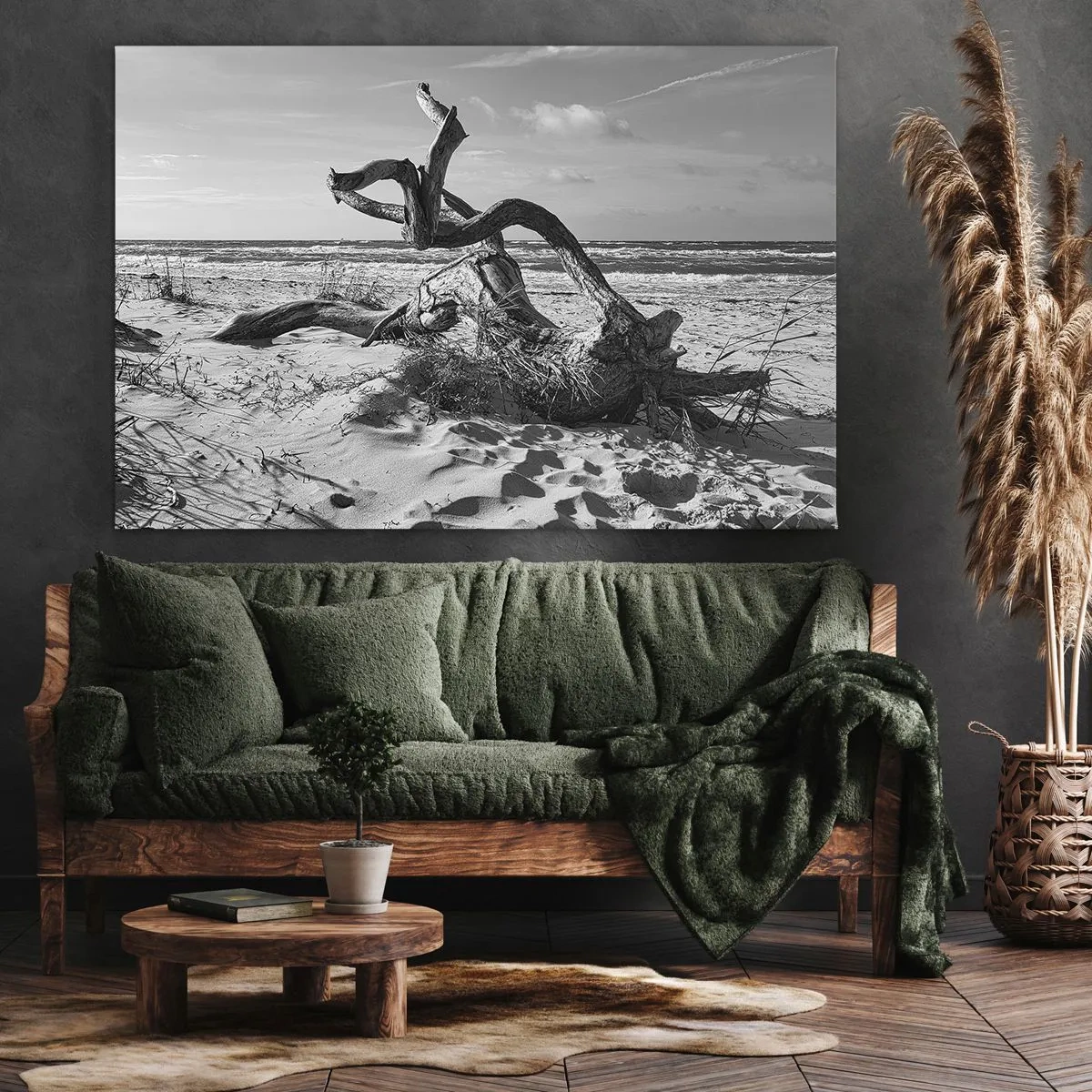 Canvastavla - Bild på duk - Svartvitt landskap med ett dött träd på stranden - 70x50cm - Havets skulptur - Modern väggdekoration för vardagsrum och sovrum ARTTOR