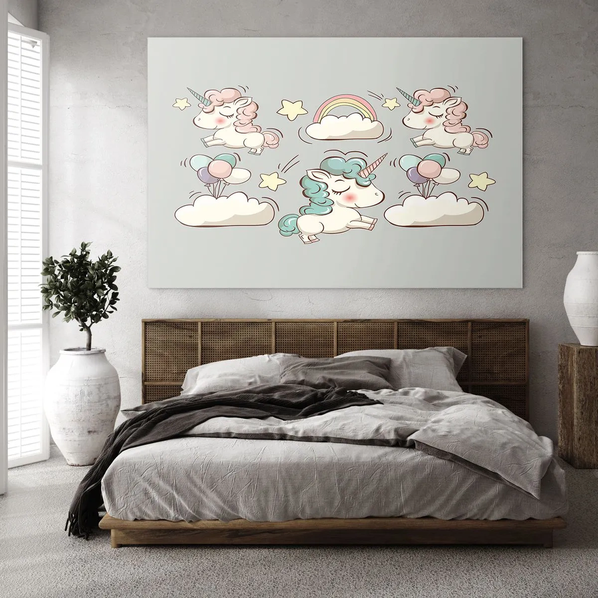 Glastavla - Bild på glas - Söta enhörningar i molnen med regnbåge och ballonger - 70x50cm - De existerar säkert... - Modern väggdekoration för vardagsrum och sovrum ARTTOR
