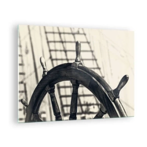 Glastavla - Bild på glas - Svartvitt nautisk fartygsratt - 70x50cm - Marina berättelser - Modern väggdekoration för vardagsrum och sovrum ARTTOR