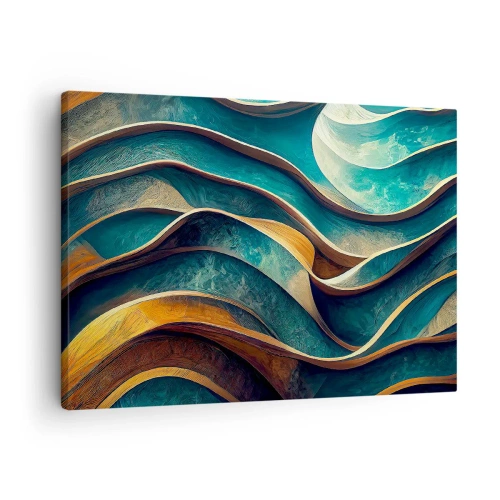 Canvastavla - Bild på duk - Abstrakta vågor i nyanser av turkos och guld - 70x50cm - Meandrar av blått - Modern väggdekoration för vardagsrum och sovrum ARTTOR