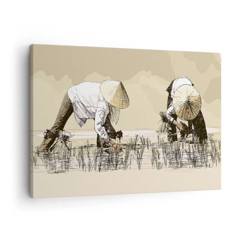 Canvastavla - Bild på duk - Bönder som arbetar i ett risfält med traditionell huvudbonad - 70x50cm - Lyckad skörd - Modern väggdekoration för vardagsrum och sovrum ARTTOR