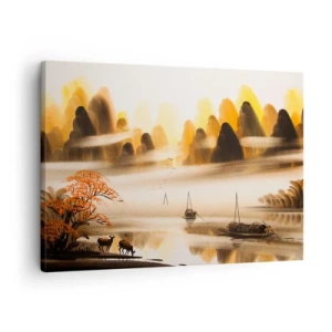 Canvastavla - Bild på duk - Ett orientaliskt landskap med en flod, berg och en mild dimma. - 70x50cm - Längre bort än Fjärran Östern - Modern väggdekoration för vardagsrum och sovrum ARTTOR