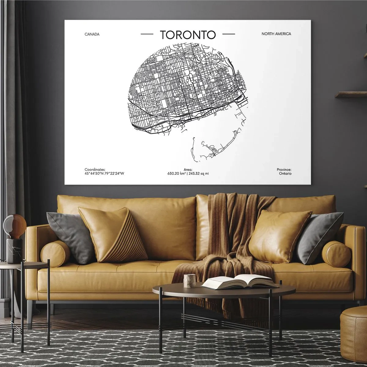 Glastavla - Bild på glas - En minimalistisk karta över Toronto med ett gaturat. - 70x50cm - Torontos anatomi - Modern väggdekoration för vardagsrum och sovrum ARTTOR