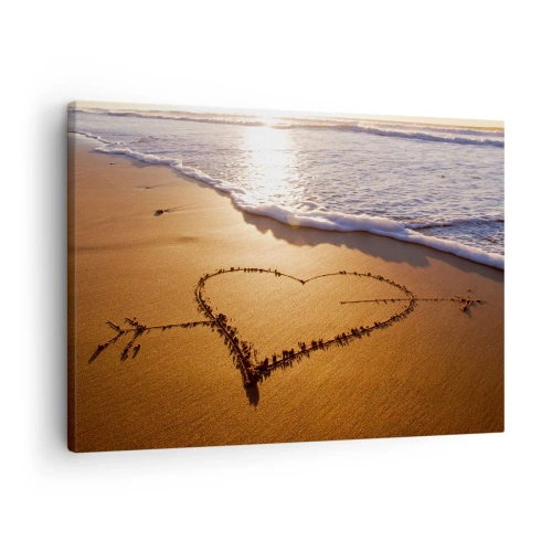 Canvastavla - Bild på duk - Ett hjärta gjort av sand på stranden under solnedgången - 70x50cm - Sommarbekännelse - Modern väggdekoration för vardagsrum och sovrum ARTTOR