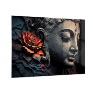 Glastavla - Bild på glas - Profil av en mediterande figur med en röd blomma mot en mörk bakgrund. - 70x50cm - I samklang med världen - Modern väggdekoration för vardagsrum och sovrum ARTTOR