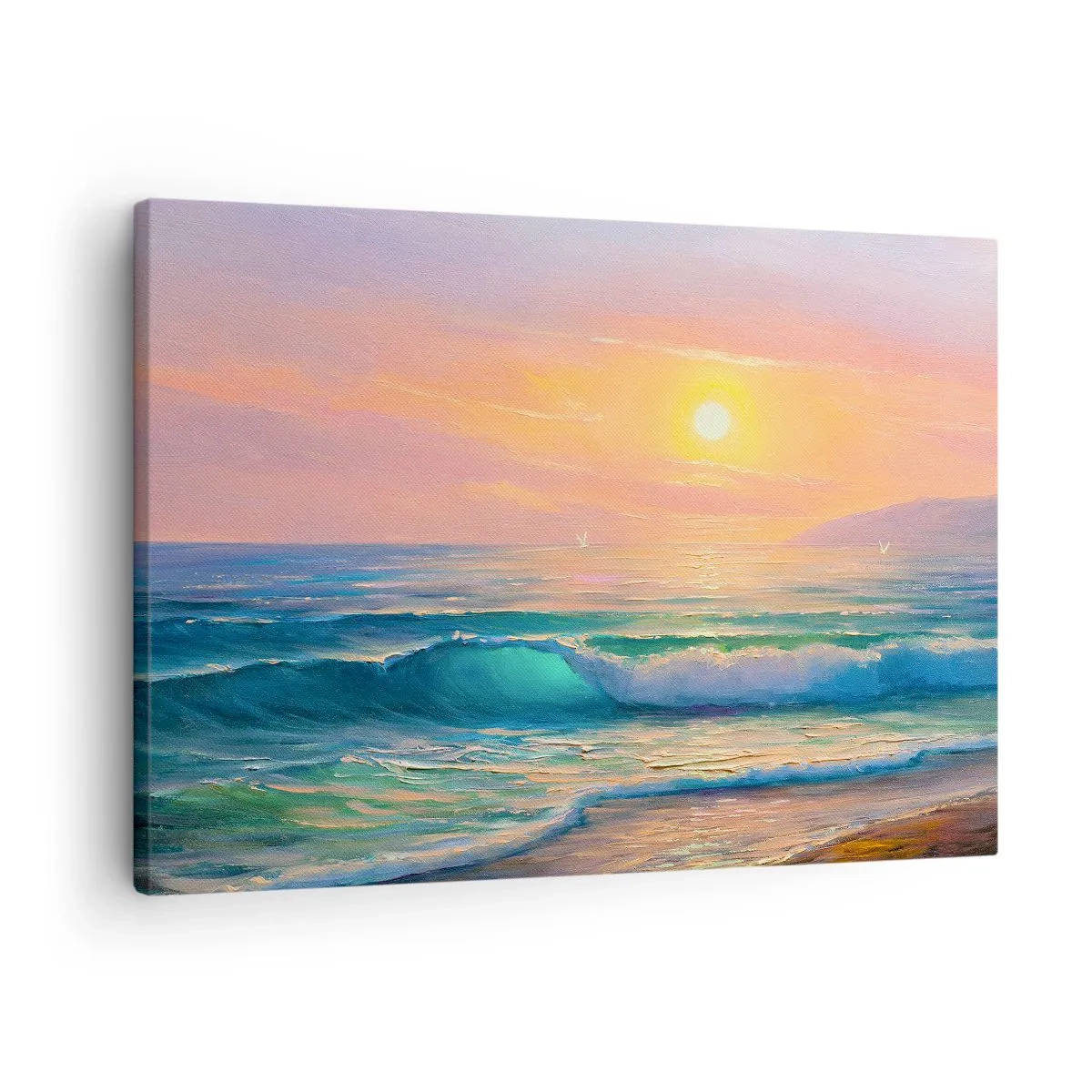 Canvastavla - Bild på duk - Havslandskap med solnedgång - 70x50cm - Vågvisa i turkos - Modern väggdekoration för vardagsrum och sovrum ARTTOR