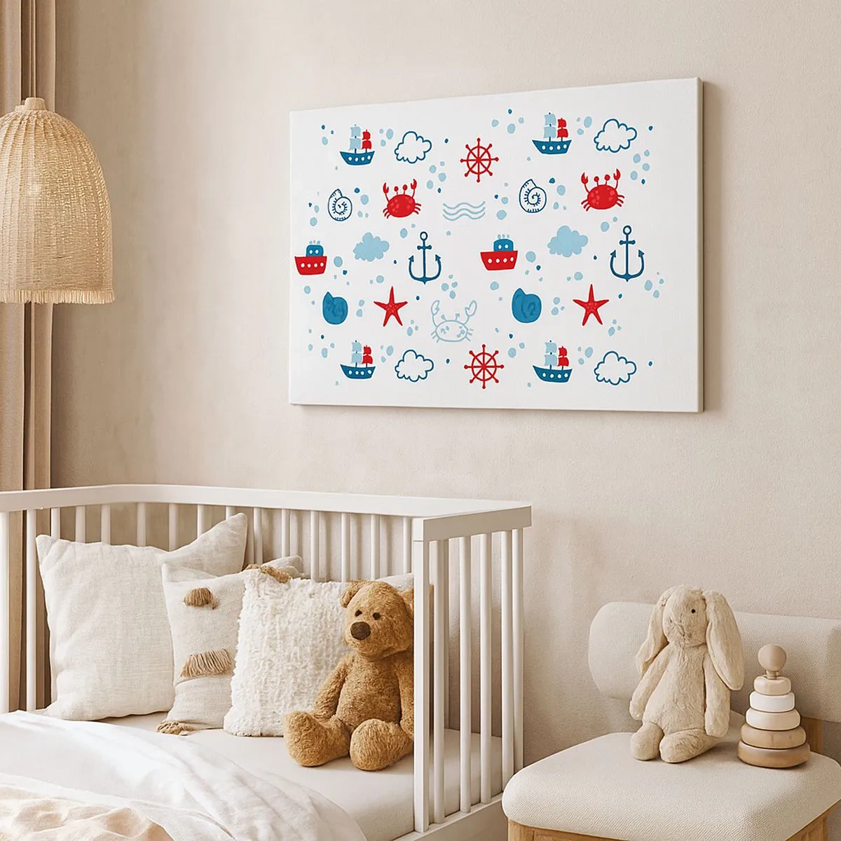 Canvastavla - Bild på duk - Nautiskt mönster med ankare, skepp och krabbor - 70x50cm - Marin saga - Modern väggdekoration för vardagsrum och sovrum ARTTOR