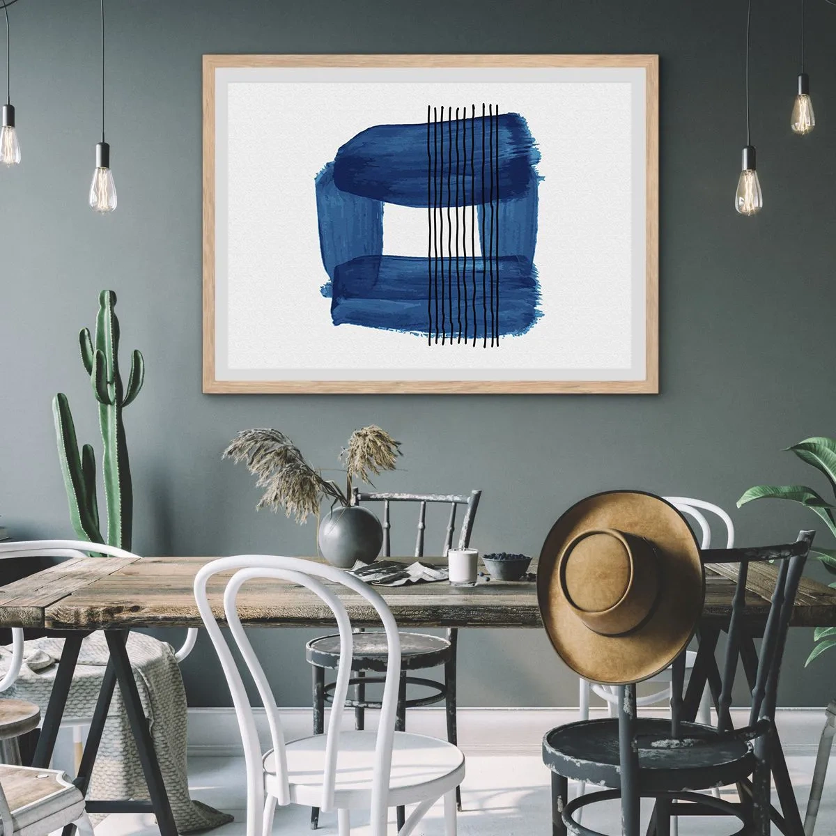 Affisch i ram av ljusek - Svart-blå komposition - 100x70 cm
