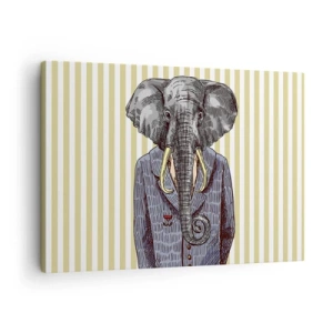 Canvastavla - Bild på duk - En elefant i kostym mot en bakgrund av beige ränder - 70x50cm - Elegant ur naturen - Modern väggdekoration för vardagsrum och sovrum ARTTOR