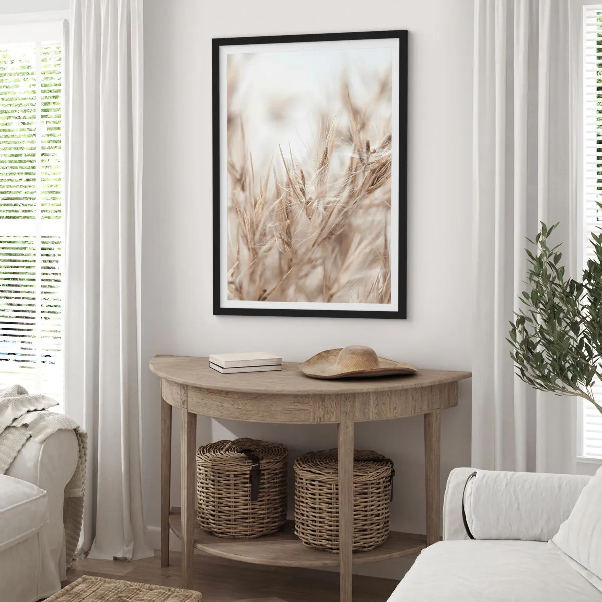 Affisch i svart ram - Fina grässpikar i beige - 50x70cm - Äng och vind - Modern väggdekoration för vardagsrum och sovrum ARTTOR