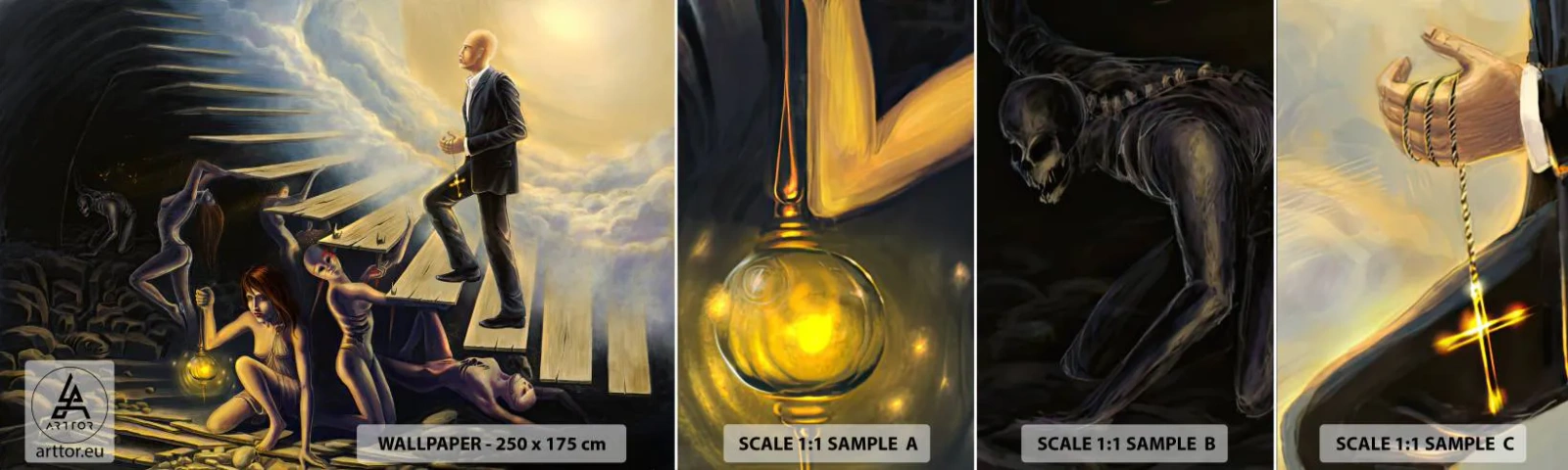 Provbit av självhäftande fototapet Deluxe Sticker - Danteisk vandring mot ljuset - Abstraktion, Fantasi, människor - 100x30 cm