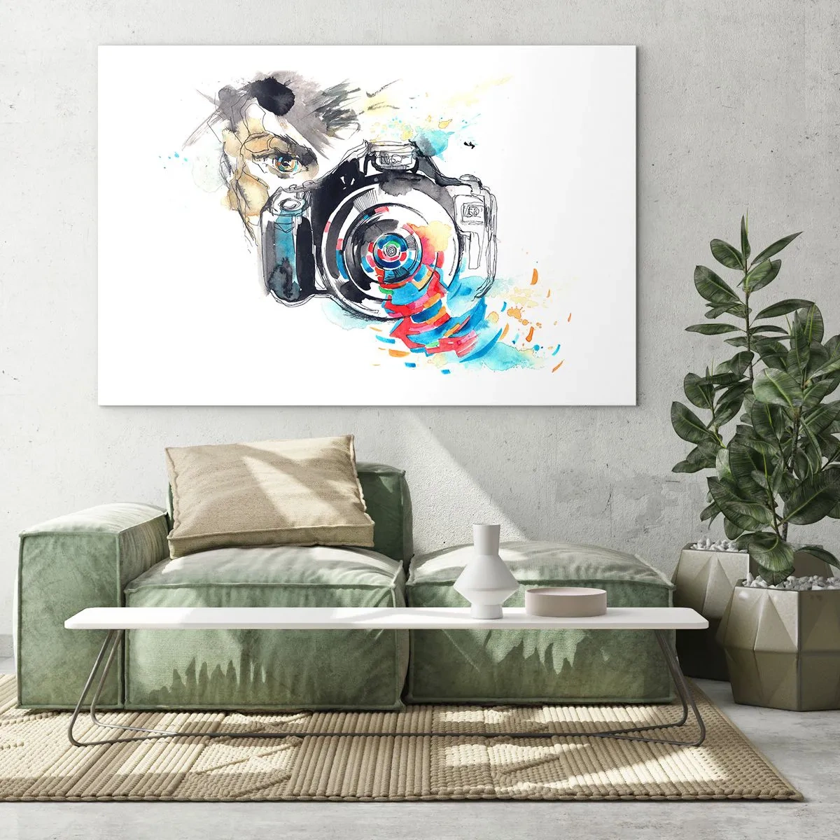 Glastavla - Bild på glas - Kamera med abstrakta färgglada element - 70x50cm - I objektivets öga - Modern väggdekoration för vardagsrum och sovrum ARTTOR