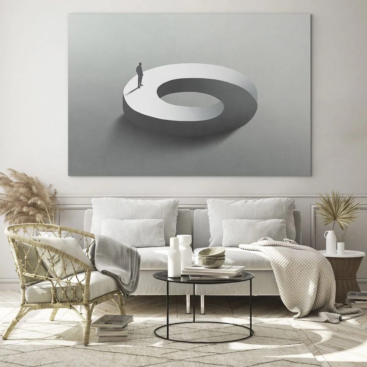 Glastavla - Bild på glas - En minimalistisk silhuett av en man på en vit ring - 70x50cm - Och försök att vara klok - Modern väggdekoration för vardagsrum och sovrum ARTTOR